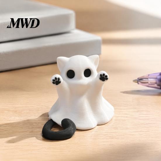 Cute Paw Print Figurine 2 Pcs Halloween Ghost Statue, Cat Figurine, Cartoon Lightweight Decorative Mini Spooky Kitten Ornament for Home Office