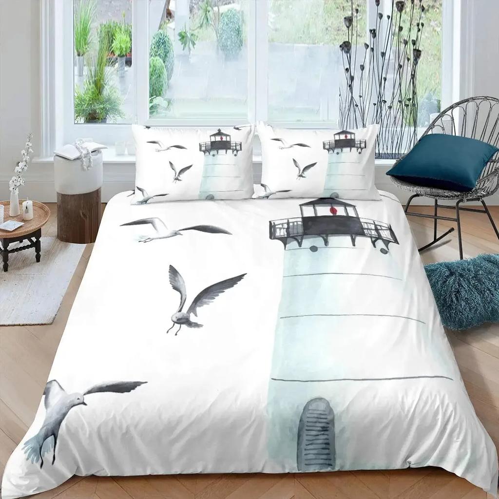 Nautical Anchor Duvet Cover Set Vintage Sail Boat Lighthouse Bedding Set Conch Starfish Seashell Ocean Wave Comforter Cover King