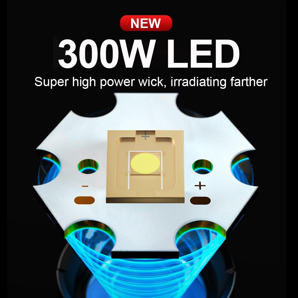 Lampe de poche LED 300W la plus puissante Lampe torche longue portée 5 modes Aventure en plein air Lampe rechargeable USB Lumière de pêche camping