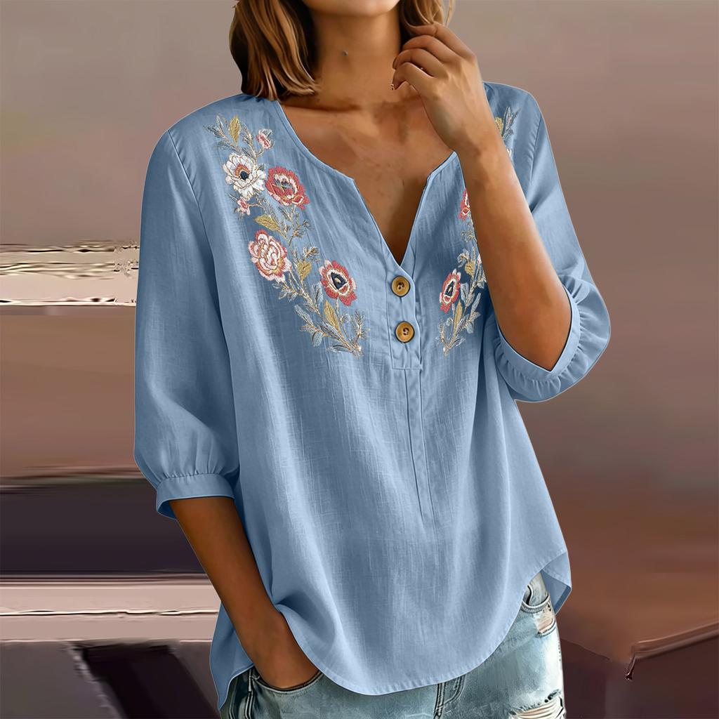 Damen Florale Stickerei Henley Knopfleiste Dreiviertelärmel Leinen Baumwolle Bluse Lässig Lockerer Schnitt Hemd