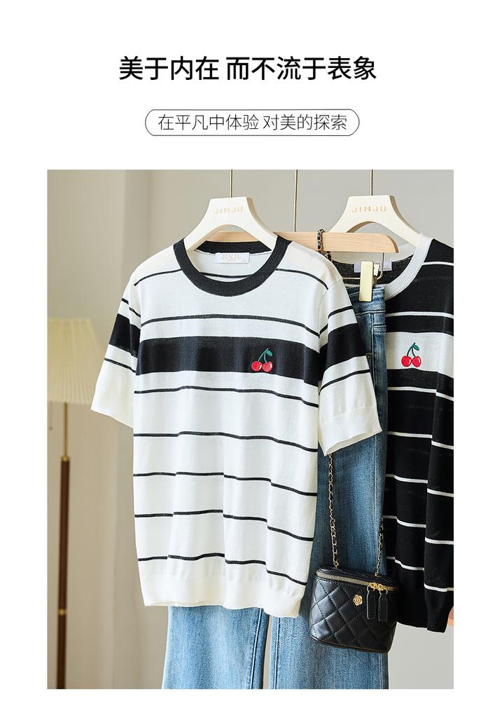 2025 New Summer Round Neck Stripe Color blocked [Cherry Embroidery] Short sleeved Knitted T-shirt Top for Women