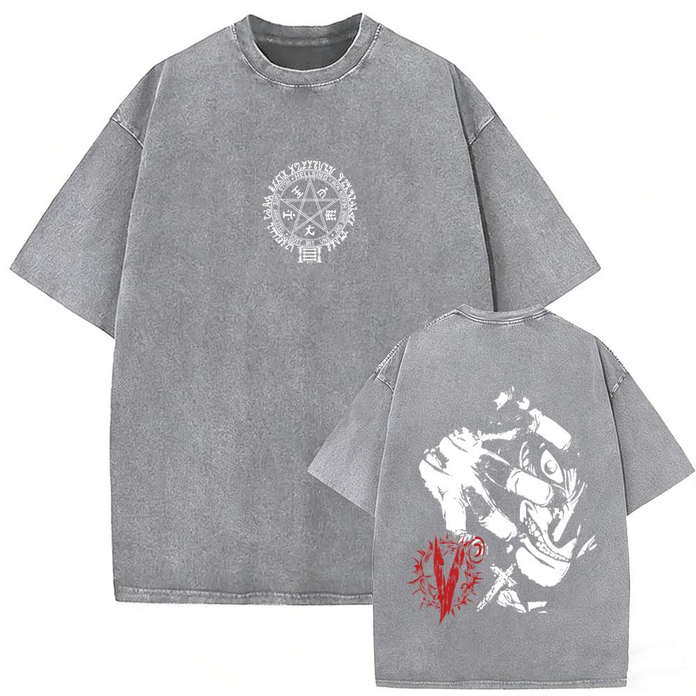 Washed Vintage Anime Hellsing Yumie Takagi Graphic Tshirt Vampire Alucard Merch Tshirts Mens Gothic Manga Oversized T Shirts