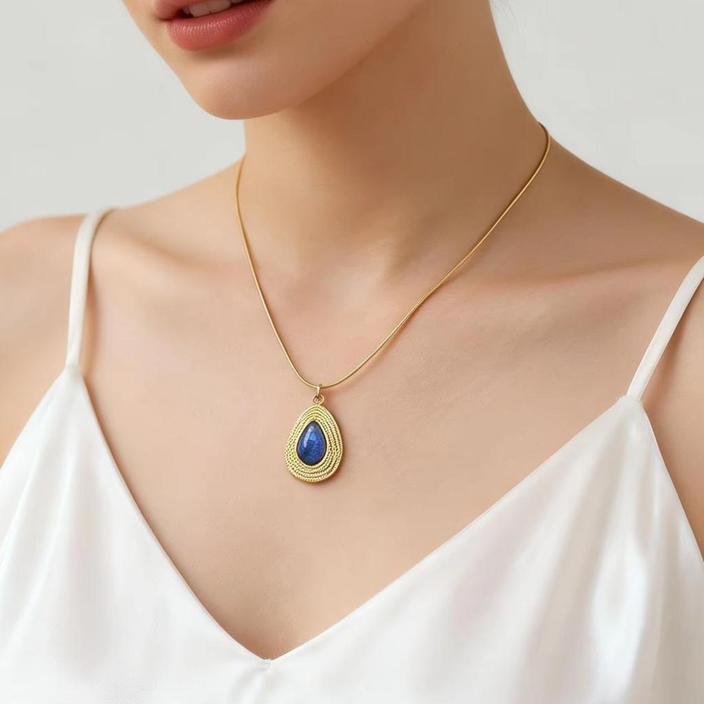 Retro Natural Stone Water Drop Pendant Necklace for Women, Waterproof Stainless Steel Necklace, Personalized Temperament Jewelry