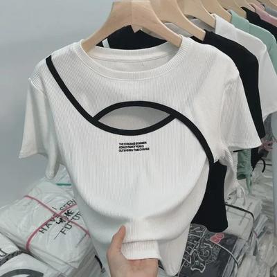 Trendy Hong Kong Style Slim Hollow Short Sleeve T-Shirt for Sweet Girls