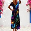 Women Plus Size V Neck Short Sleeve Colorful Printed Long Maxi Dress