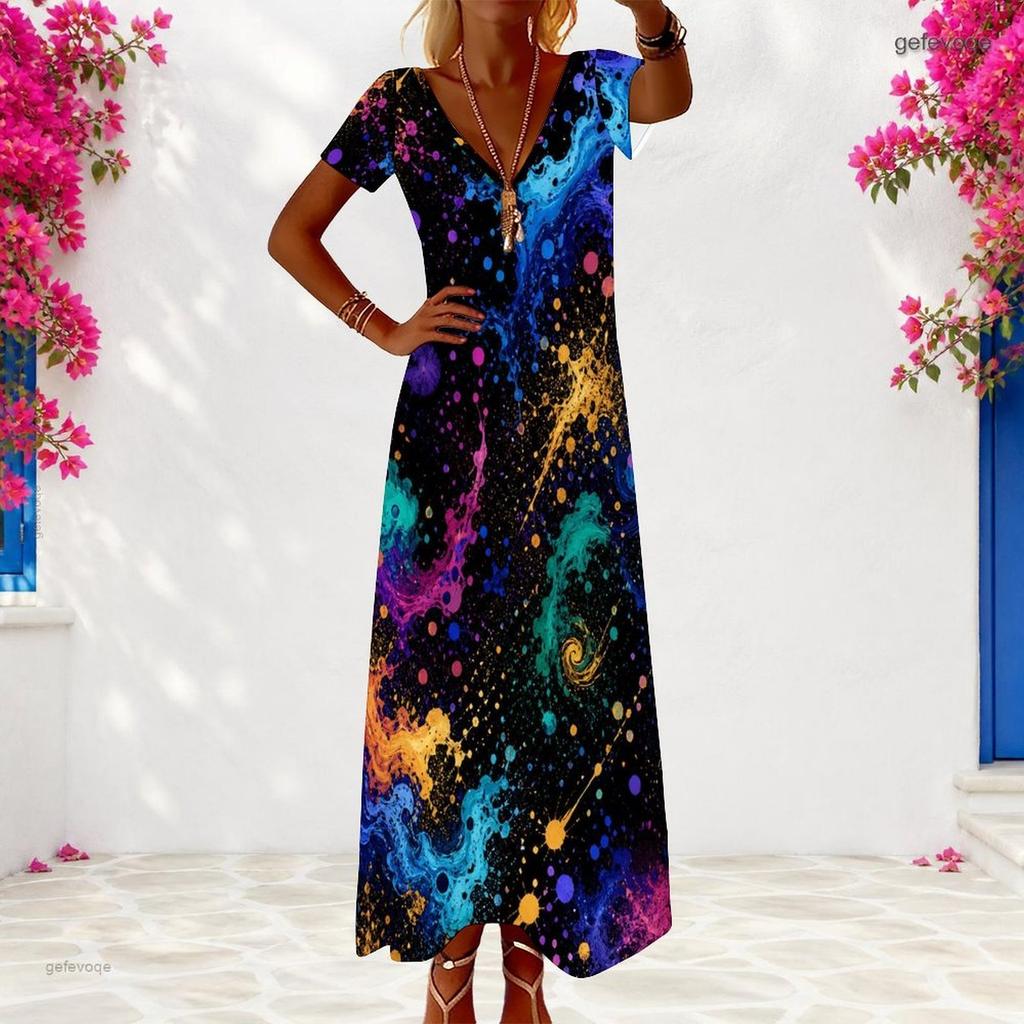Women Plus Size V Neck Short Sleeve Colorful Printed Long Maxi Dress