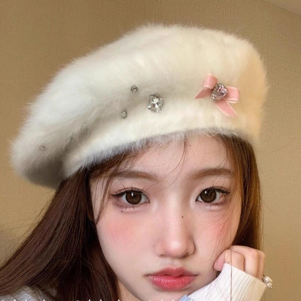 Women’s Hat Bowknot Plush Beret - Cute Painter Hat for Autumn and Winter