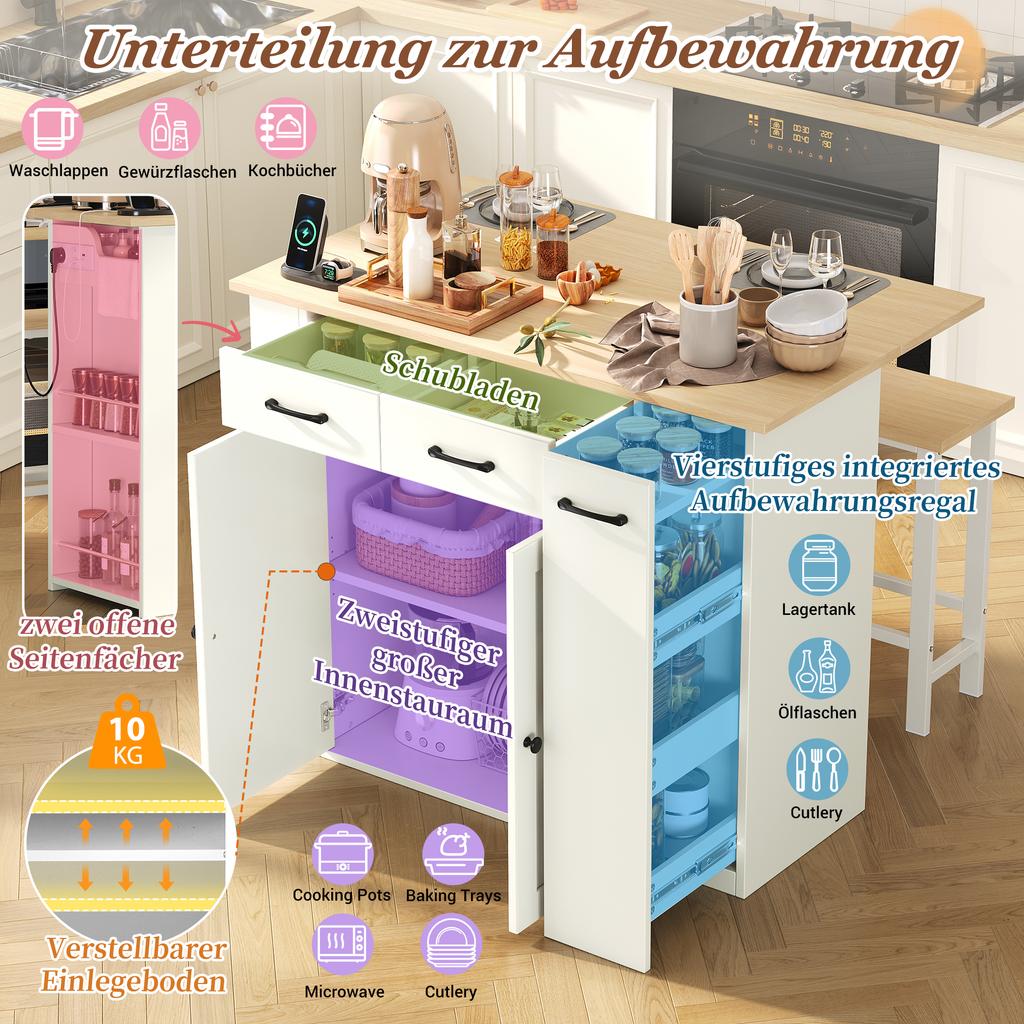 Isola Cucina Estendibile con Zona Pranzo, Mensole Regolabili e Cassetti, con Prese Elettriche e Due Sedie, Ideale per Cucina e Sala da Pranzo (bianca)