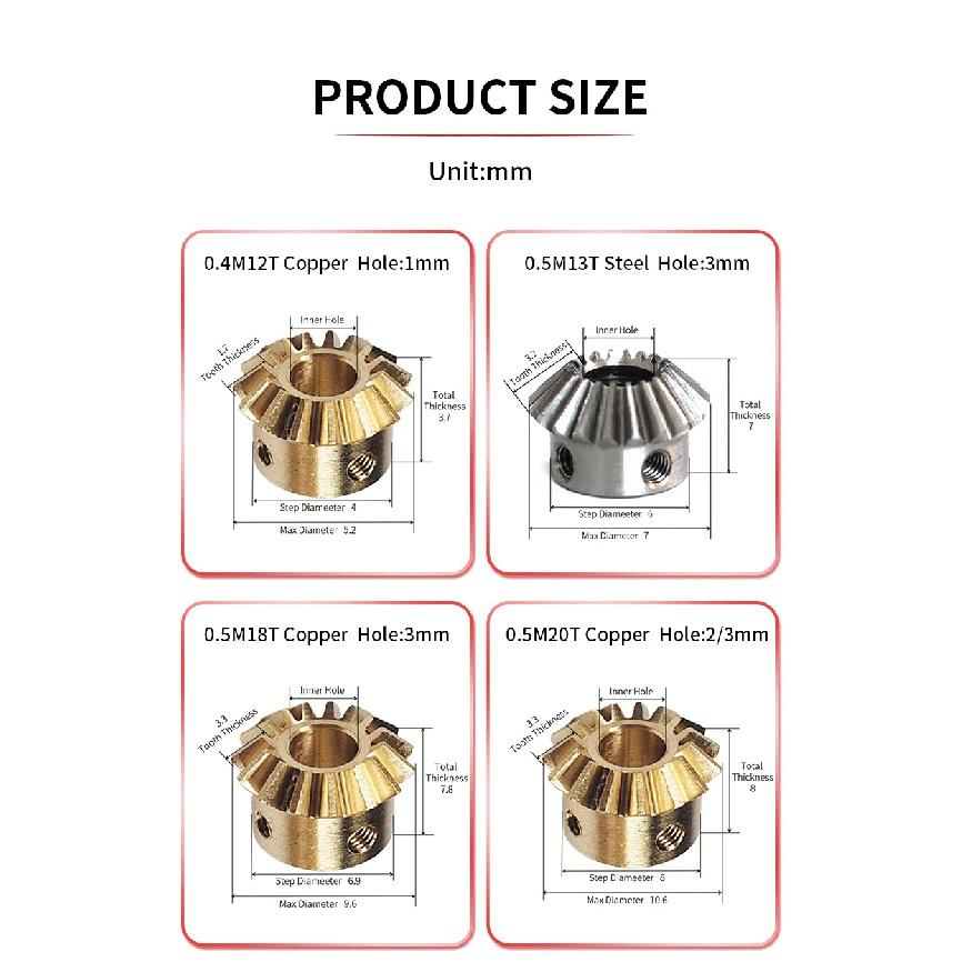 1 ks kuželové ozubené kolo kuželové ozubené kolo 0,4 Model 12 zubů Otvor 1 mm 90° Převodový materiál pro DIY Měď