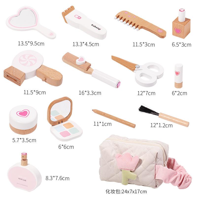 Children's Wooden Girl Pink Makeup Bag Simulation Dressing Hairdressing Makeup Play Suit Dress Up Toys