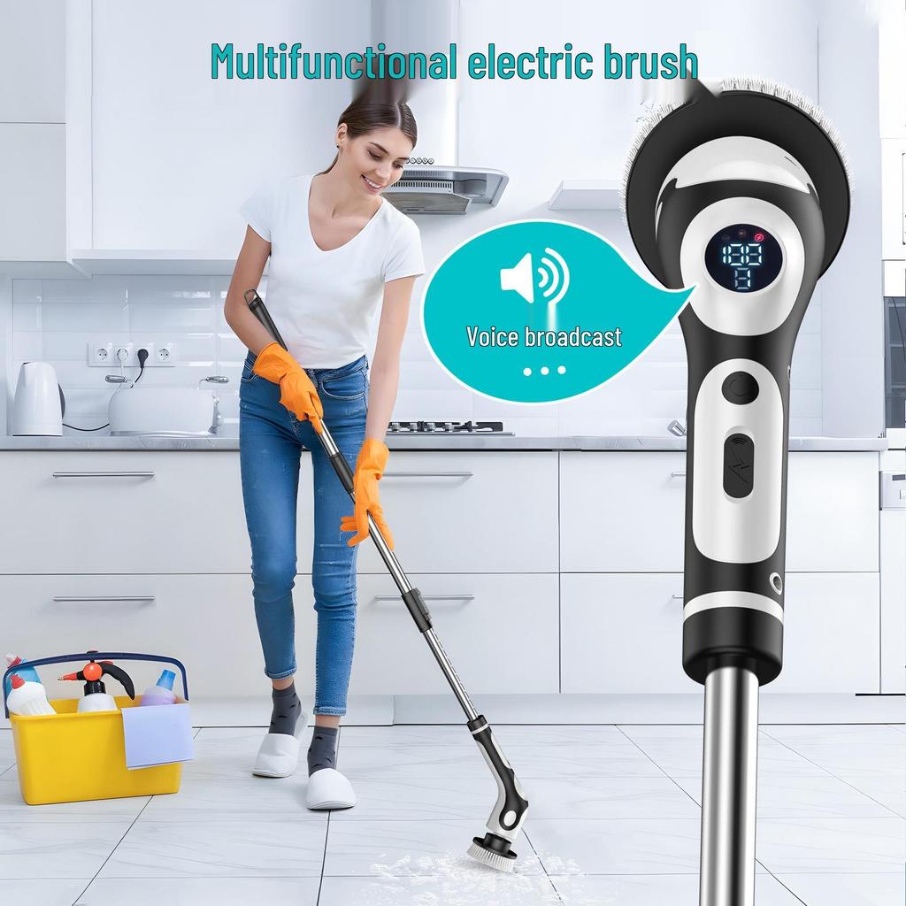 Multifunctional Wireless Electric Cleaning Brush with Digital Display, Voice Prompts, Long Handle, and IPX6 Waterproof.