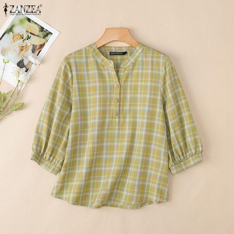 ZANZEA Women Casual Round Neck 3/4 Sleeve Loose Grid Print Blouse