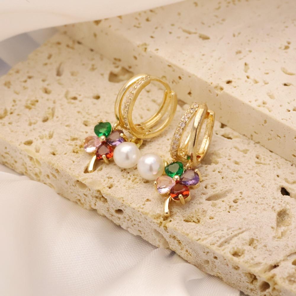 1 Pair Fashion Colorful Four-leaf Clover Zirconia with Imitation Pearls Dangle Earrings for Women Golden Earring Jewelry Wedding Party Accessories