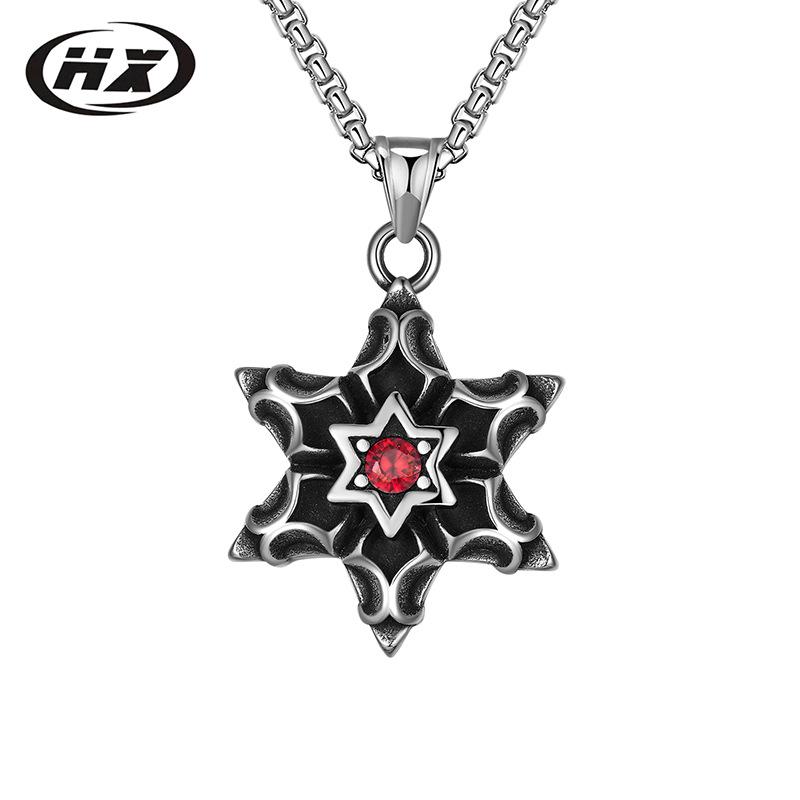

Ожерелье из нержавеющей стали Снежинка Гексаграмма с драгоценным камнем - Ретро Панк Титан Мужской Кулон