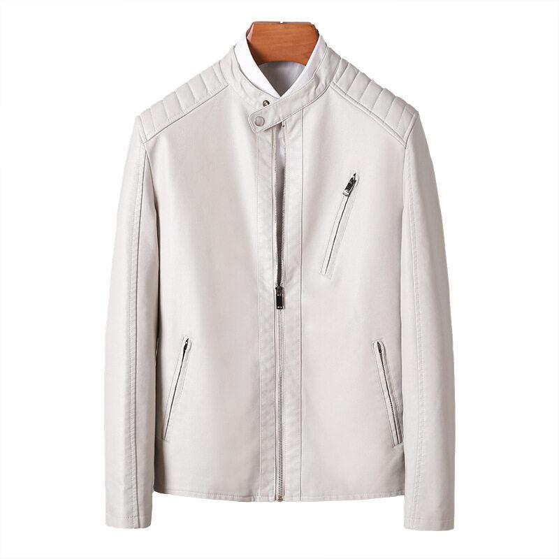 Jaqueta de couro masculina para motocicleta, primavera e outono, casual, gola alta, cor sólida, branca, preta, jaqueta de couro, zíper, casaco de PU
