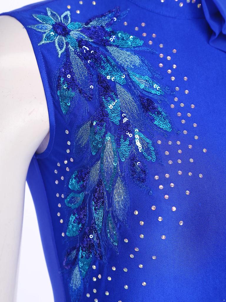 Womens Modern Dance Crop Top Sequin Embroidery Bow Decor Sleeveless Back Hollow Out Dancewear