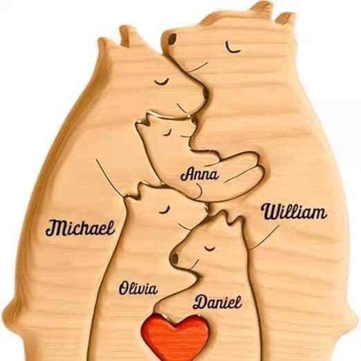 Custom Wooden Bear Family Puzzle with 2-6 Names, Colorful Heart Design, Ideal Gift for Mother's Day Father's Day Thanksgiving Christmas
