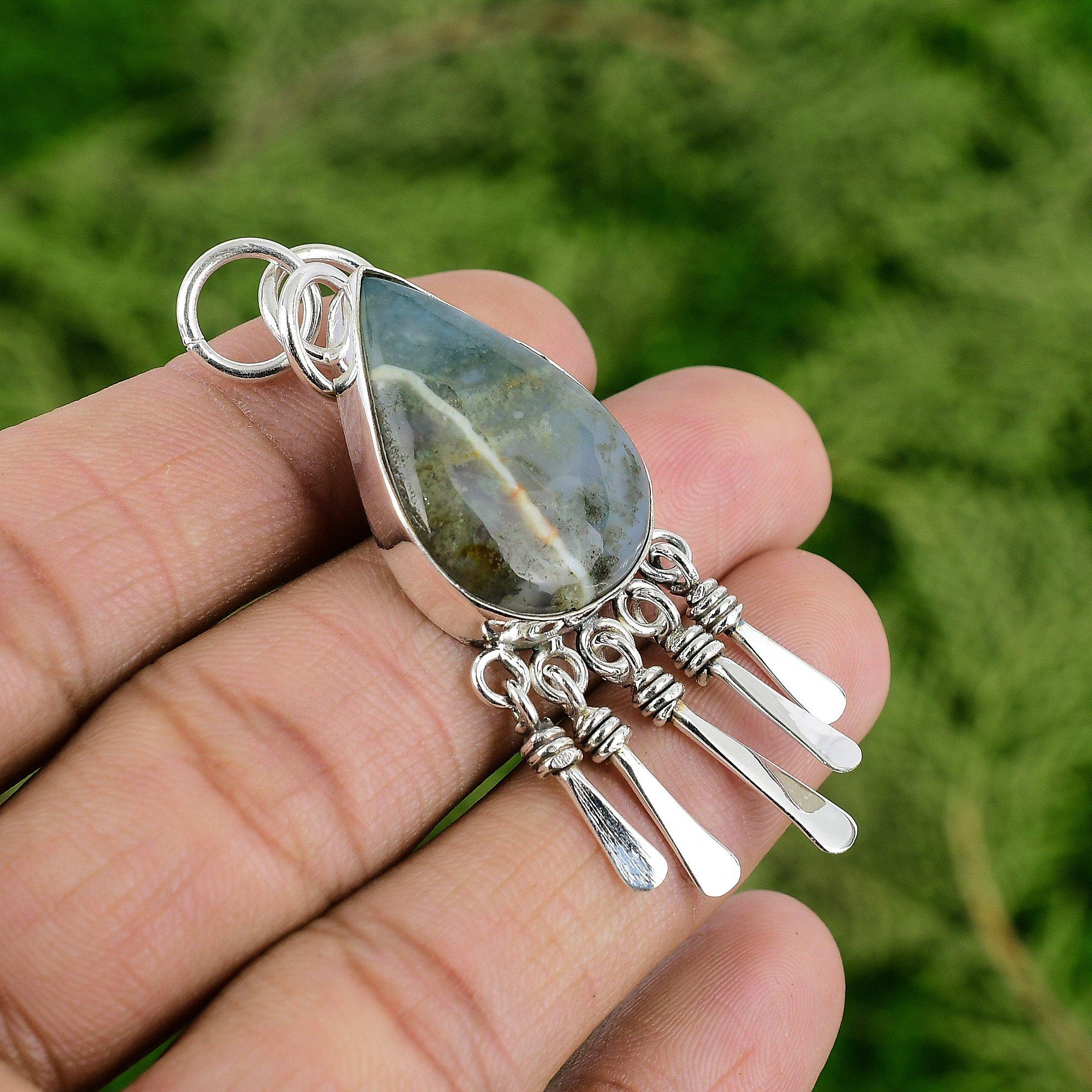 

Груша Натуральный Солнечный Моховой Агат Стерлинговое Серебро Арт Деко Сестра Безель Новый Кулон