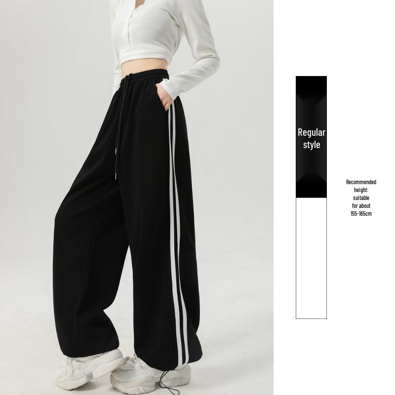 Women's American-Style Sweatpants with Side Stripe - High Waist, Slimming, Wide Leg - Spring/Autumn 2024