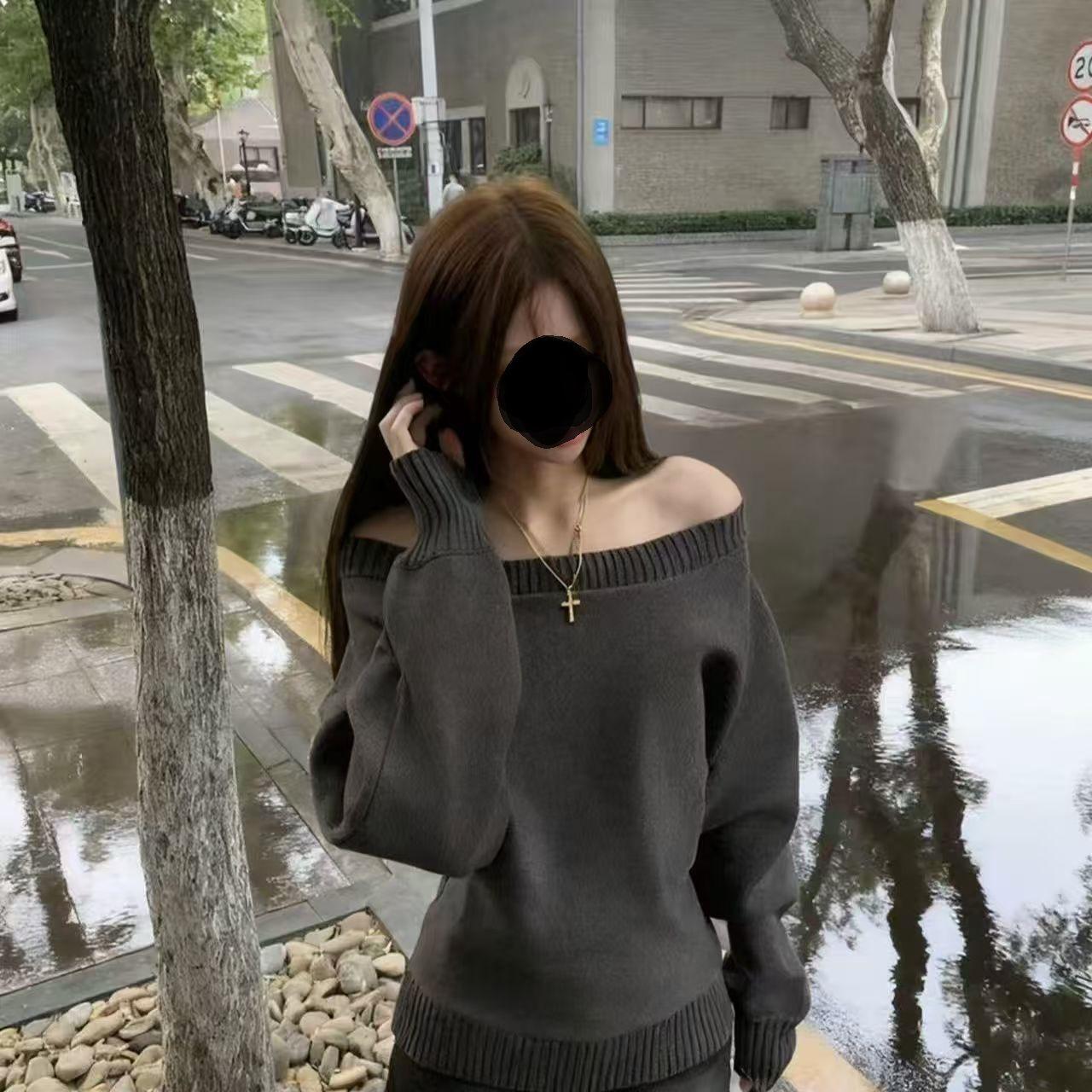 Корейский Ретро Серый Вязаный Свитер на Одно Плечо для Женщин - Осенний Стиль Small