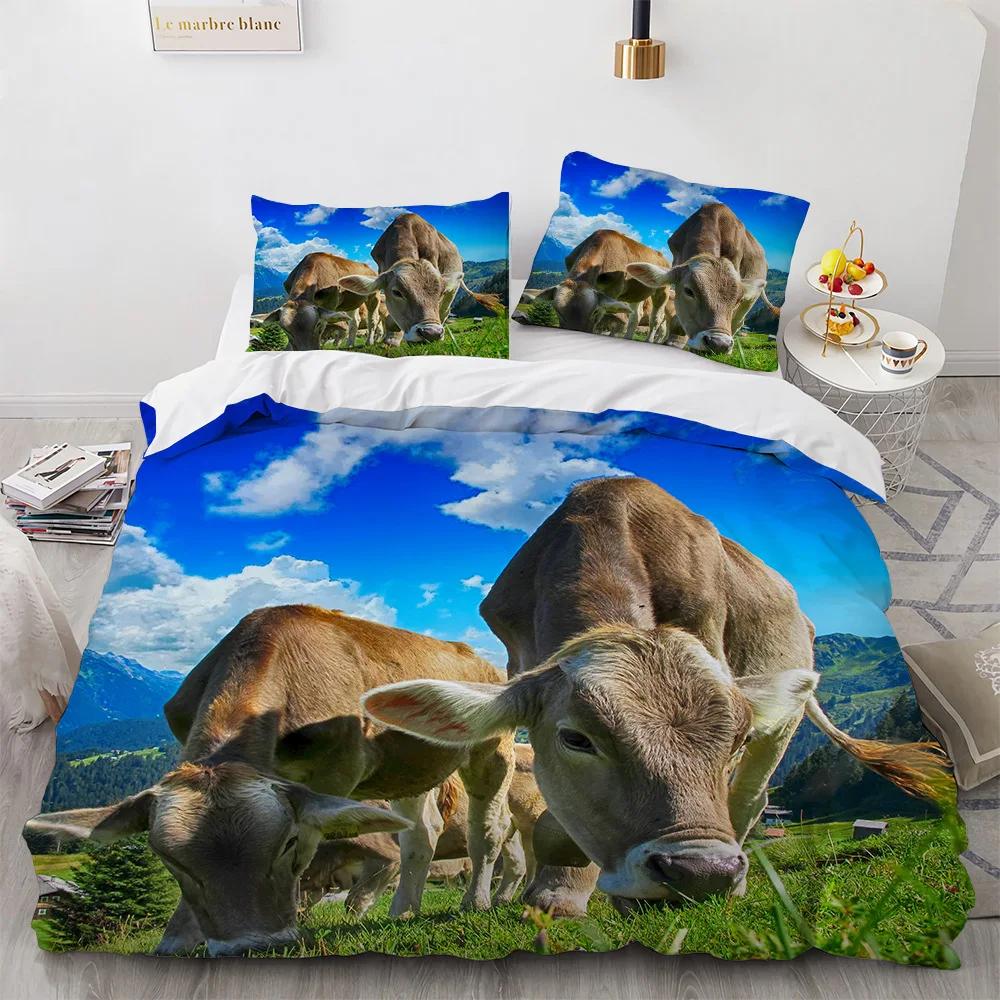 Highland Cow Duvet Cover King/Queen Size,Farmhouse Animal Bull Bedding Set,Funny Cute Herbivores Quilt Cover For Boys Girls