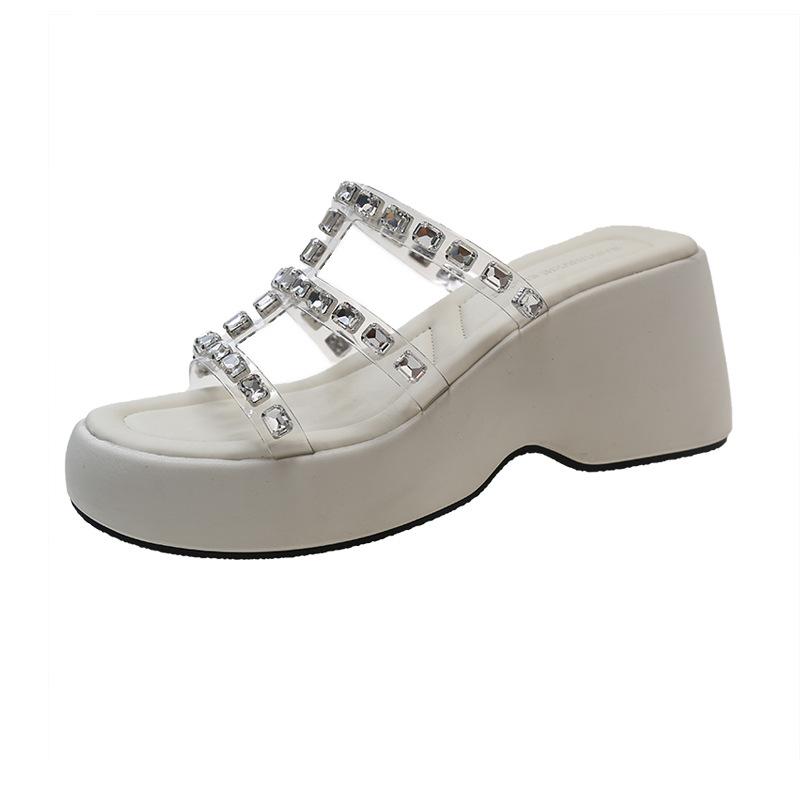 Thick-bottomed rhinestone transparent cool slippers for women to wear new summer muffin versatile casual one-word drag