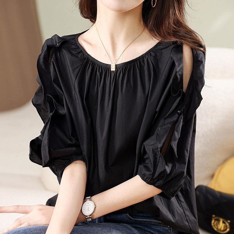 

Повседневная однотонная блузка с оборками, с вырезами, стильная одежда для женщин с открытыми плечами, летняя универсальная рубашка свободного кроя с круглым вырезом XXXL чёрный
