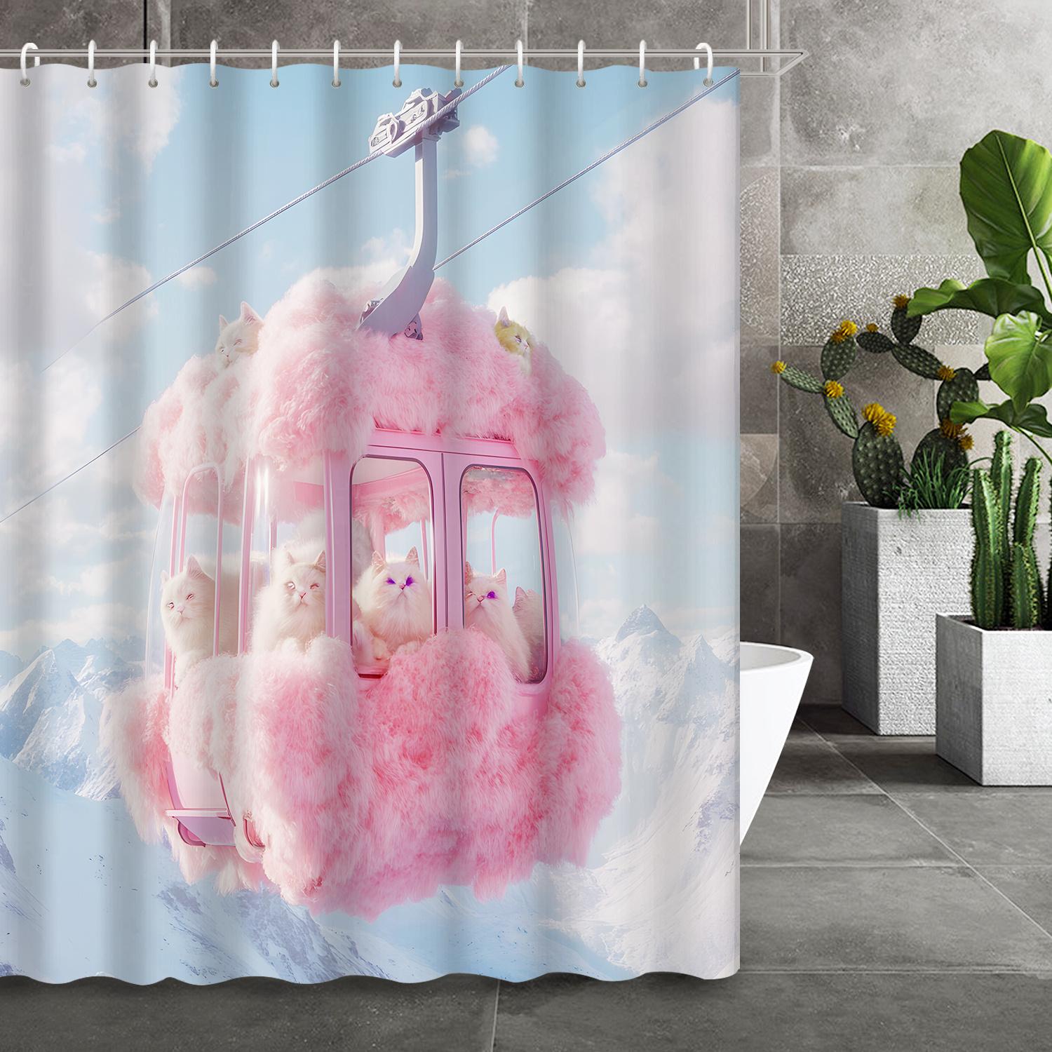 

Pink Plush Cat Snow Mountain Cable Car Shower Curtain With 12 Hooks - Cute Pet Design, Bathroom & Home Decoration W60H190(CM)-1 Pcs