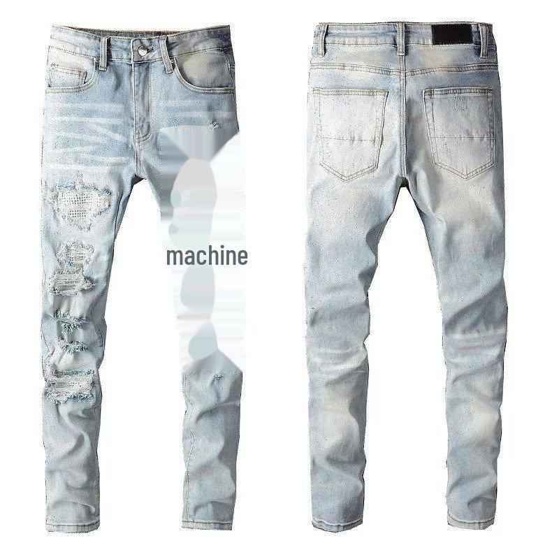 Men's 2024 Slim Fit Light Stretch Jeans with Ripped Embroidery for Spring and Autumn