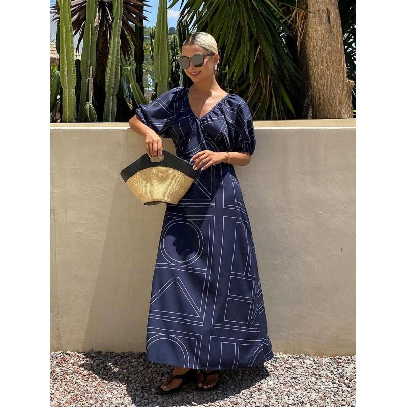 European geometric pattern, ethnic style, bohemian blue casual vacation V-neck dress S темно-синий