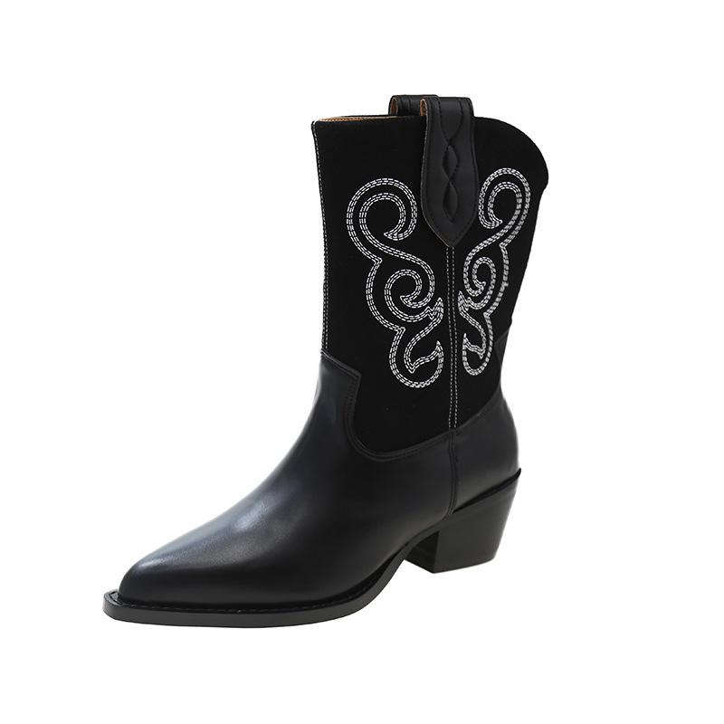 

Retro western cowboy boots 2025 new summer thick heel thin medium boots versatile pointed color matching knight boots 40 чёрный