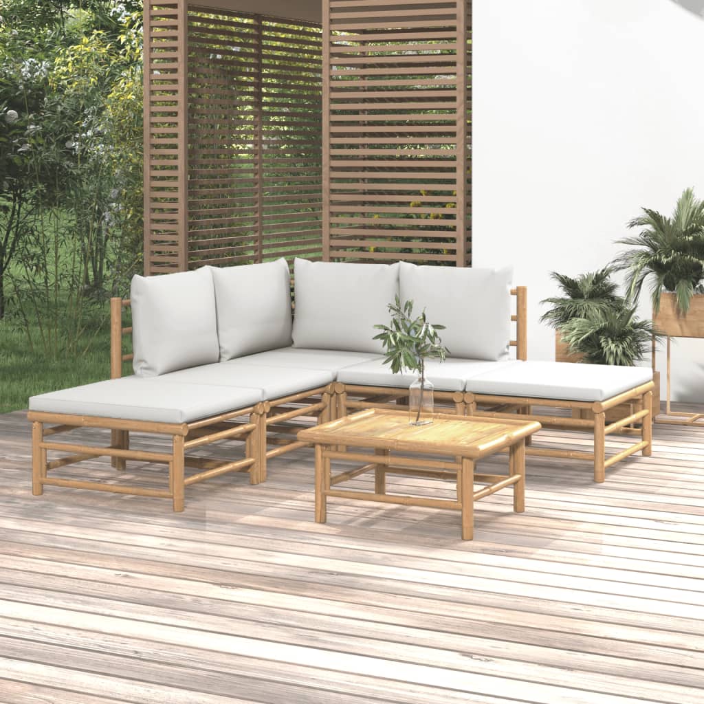 Vidaxl 6-Cz. Gartenmöbel-Set, Hellgraue Kissen, Bambus