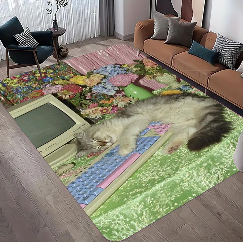 

2D Cat Area Rug Computer Cat Floral Print Home Art Floor Mat Carpet Soft Touch Easy Clean for Living Bedroom Kids Playroom 40x60CM