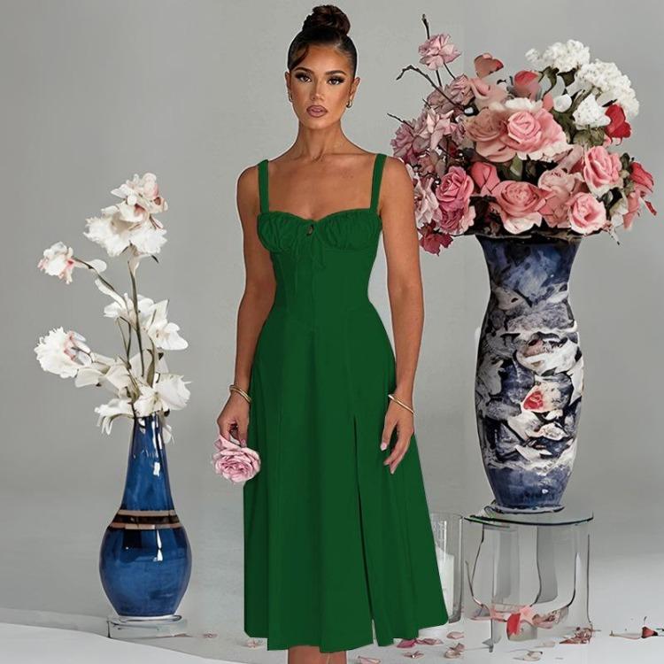 

High Waist Solid Color Dress Design Sense Women Spaghetti Strap Backless V-Neck Knee-Length XL зелений