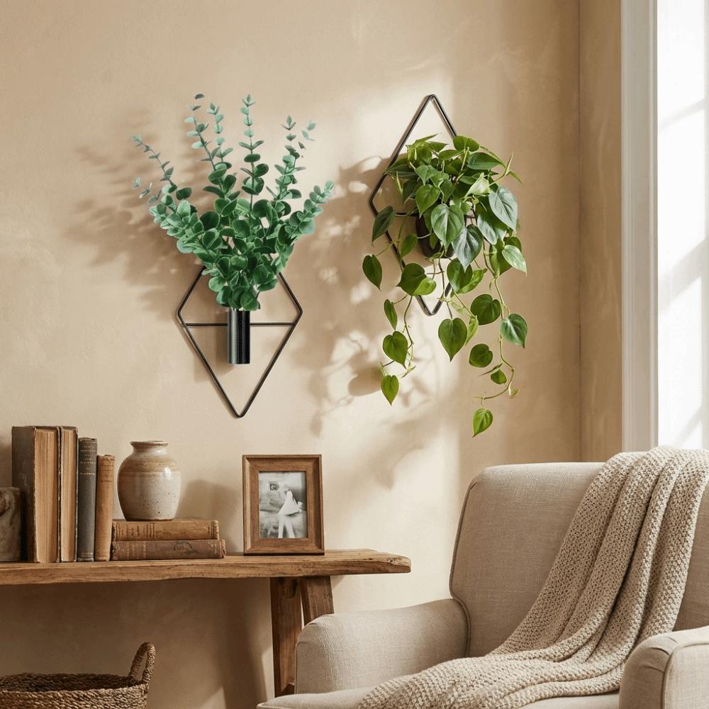 2PCS Iron Wall Hanging Vase Decorative Dried Flower Holder Creative Wall Mount Flower Vase  Office