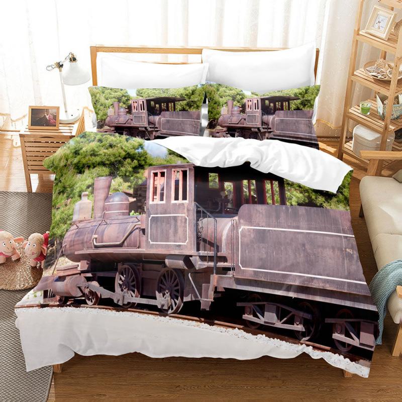 Steam Locomotive, Old-Fashioned, Shabby Train, Transportation, Digital Printing, Three-Piece Bed Sheet