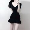 Black Knit Fabric Short Sleeve Mermaid Skirt With Ruffles For Summer Casual Wear
