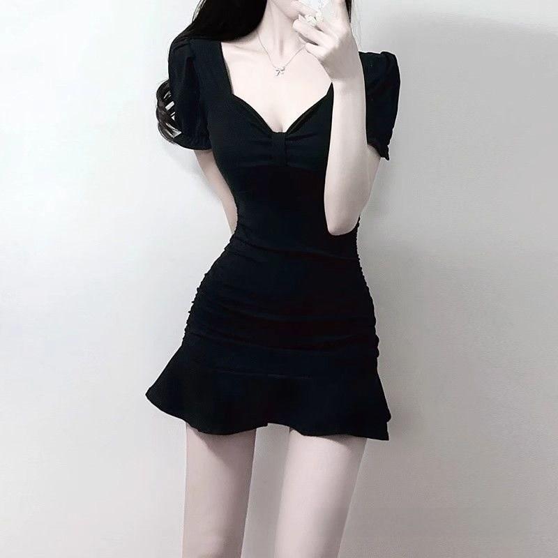 Black Knit Fabric Short Sleeve Mermaid Skirt With Ruffles For Summer Casual Wear