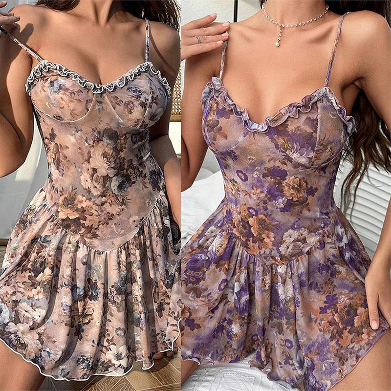 Babydolls Florales plissiertes Camisole kurzer Rock und Nachthemd Damen Pyjama sexy Dessous für Frauen Push-up erwachsene sexy Nächte