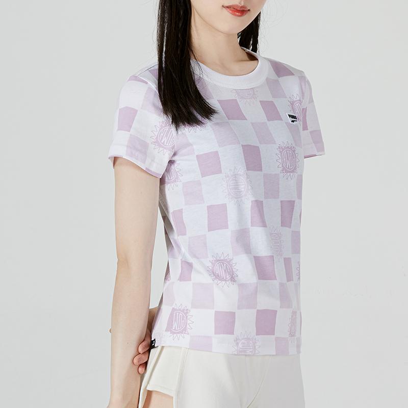 Puma Downtown Aop Tee Checkered Logo Sports Casual Breathable Round Neck Short Sleeve T-Shirt Women Tops Light-Purple 535379-02
