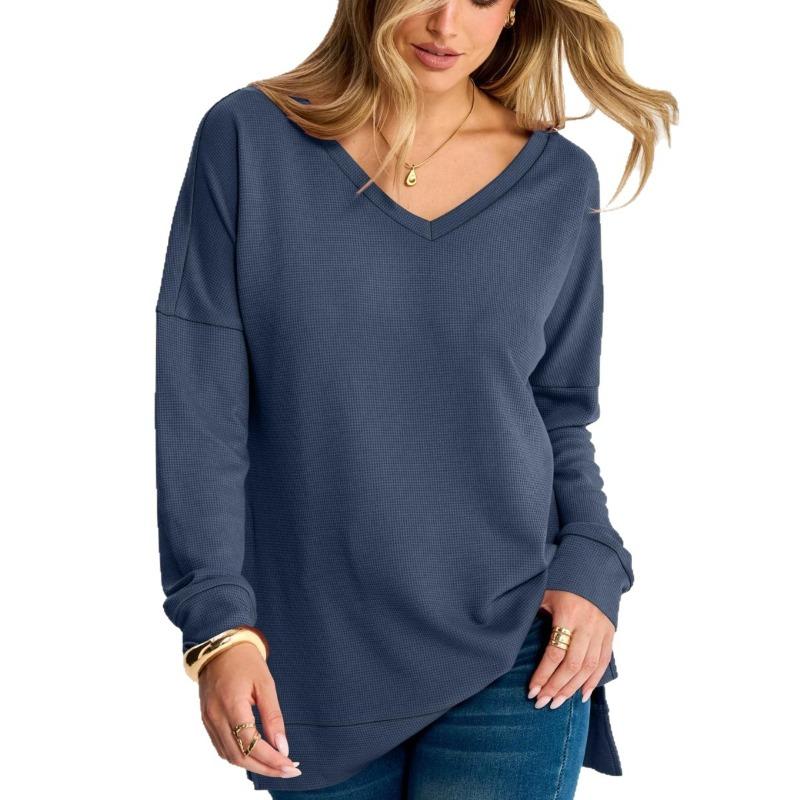 Women S V Neck Loose Long Sleeve Waffle Knit Solid T Shirt