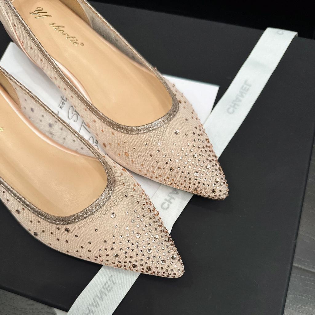 Height increase 4CM beautiful rhinestone mesh pointed ladyshoes women's 2025 summer new temperament inner height increase shallow mouth single shoes
