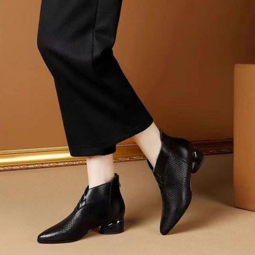 New spring and autumn thick heel short boots women's medium heel soft leather shoes comfortable single boots pointed small ankle boots mother shoes