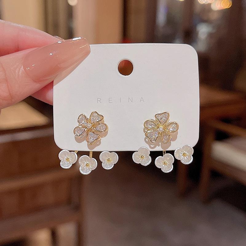 Sterling Silver Bow Gardenia Stud Earrings - Light Luxury Korean Style