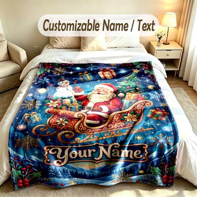 Christmas Theme Soft Blanket Personalized Custom Name Text Print Warm Blanket Home Sofa Bedroom Decor