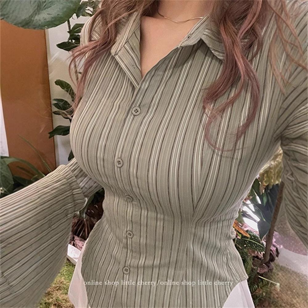 Women's Slim-Fit Green Striped Polo Collar Long-Sleeved Shirt