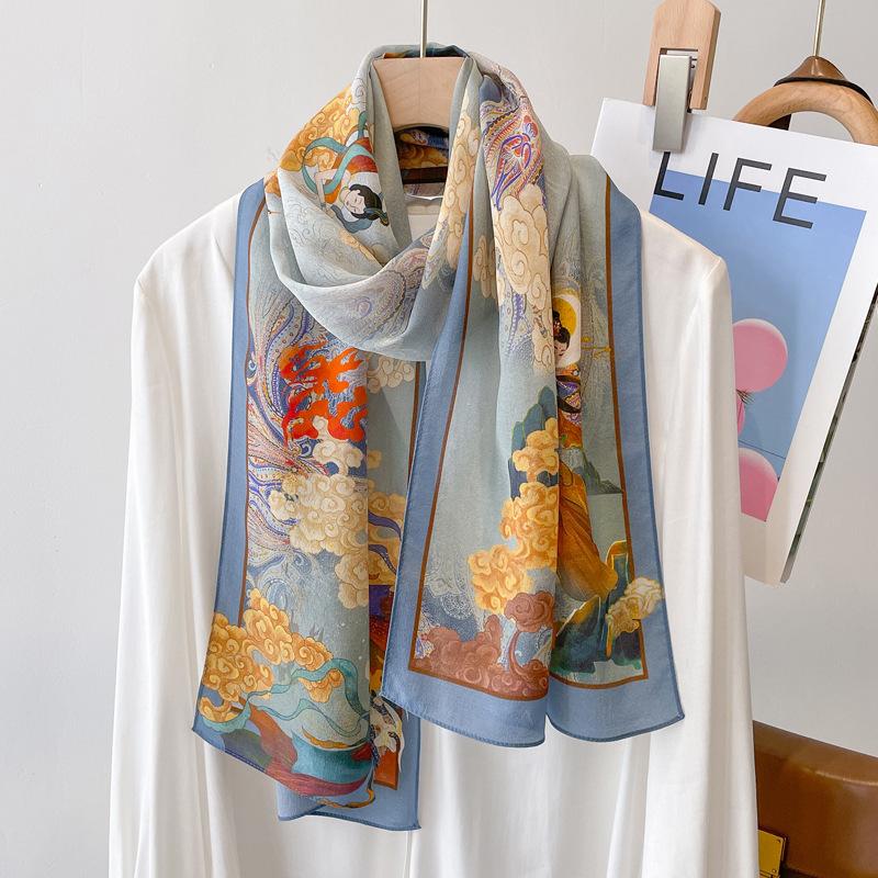 Retro Green Silk Big Streamer Mulberry Silk Silk Scarf Women'S Long High-End Double Crepe Scarf Gift Elder Mother