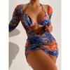 Women's Split Three Piece Set Printed Net Red Tie Dyed Lace Up Drawstring Swimsuit Bikini Sets