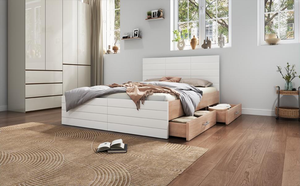 Wooden Bed System 160x200cm with 2 Drawers, Modern Bed incl. Bed Frame & Slatted Frame - 207x80x165cm (LxHxW) Set in Oak/White (With Mattress)