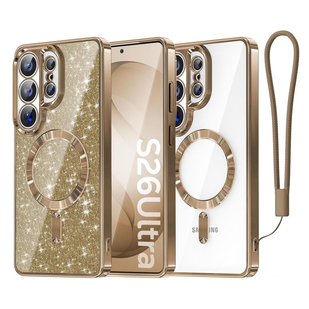 Glitter Plating Lanyard For Magsafe Case For Samsung Galaxy S26 Ultra S25 S24 S23 S22 S21 Plus Note 20 Magnetic Soft TPU Cover